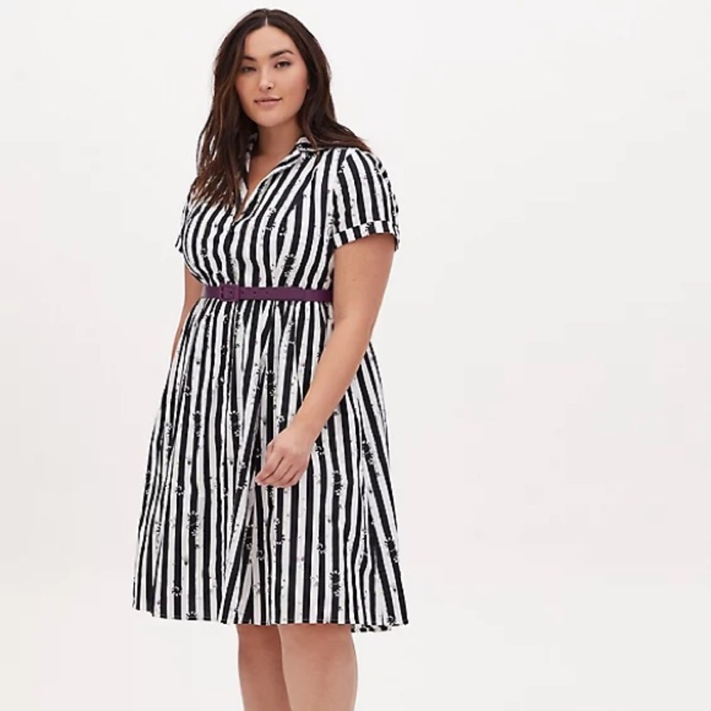 Torrid Beetlejuice Sandworm black and white striped Swing Dress (WITH belt!)
